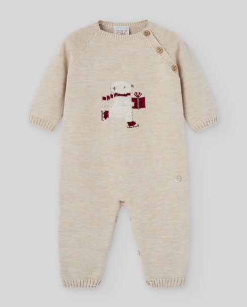 Salopeta bebe 100% lana fina cu ursulet Jaquard