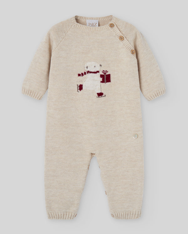 Salopeta bebe 100% lana fina cu ursulet Jaquard