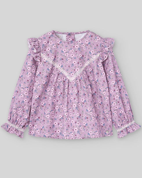 Bluza din bumbac lila floral cu volanase