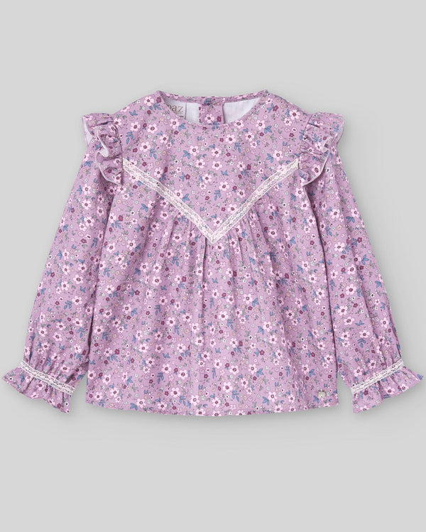 Bluza din bumbac lila floral cu volanase