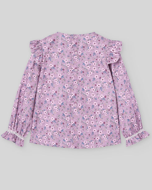 Bluza din bumbac lila floral cu volanase
