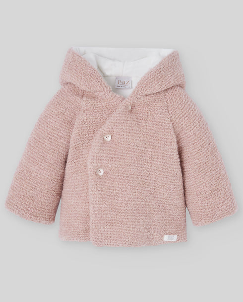 Jacheta bebe din lana tricotata roz cu gluga