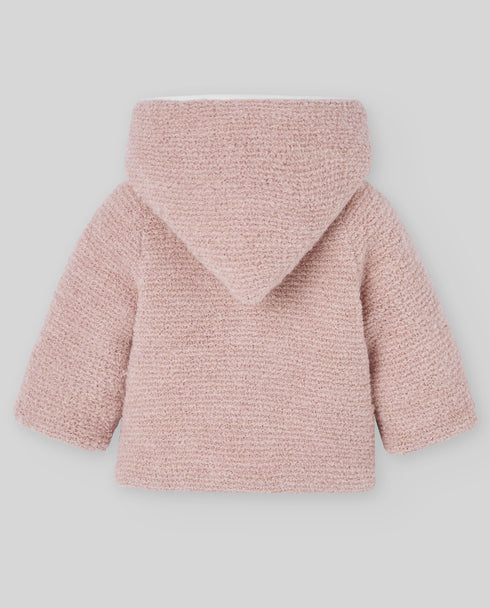 Jacheta bebe din lana tricotata roz cu gluga