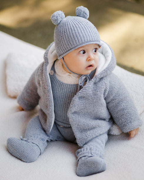 Jacheta bebelusi din lana tricotata blue cu gluga