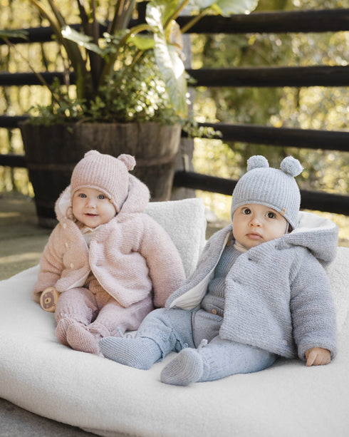 Jacheta bebe din lana tricotata roz cu gluga