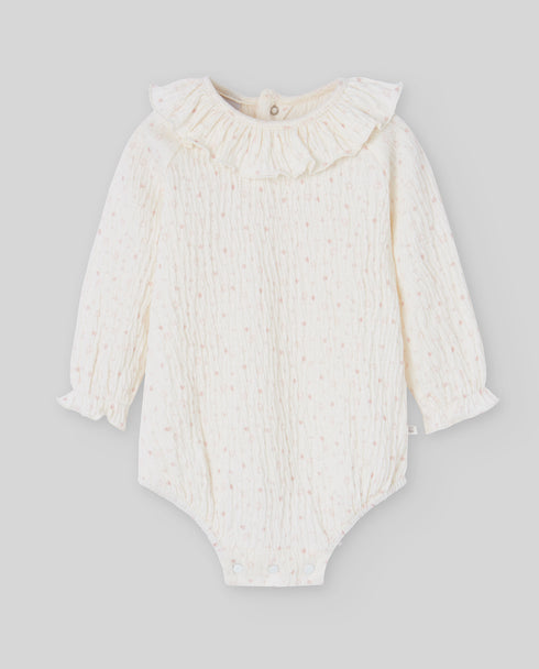 Body din bumbac texturat cu guler cret si stelute roz