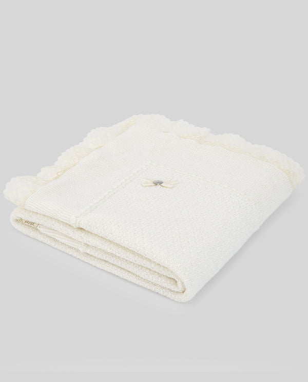 Paturica 100% lana ivory cu dantela si fundita decorativa