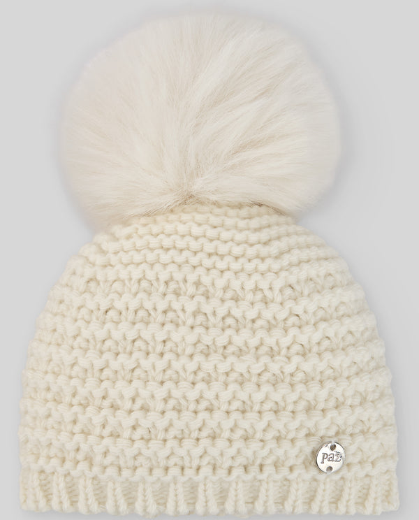 Căciulă tricotata bej din lana fina cu ciucure