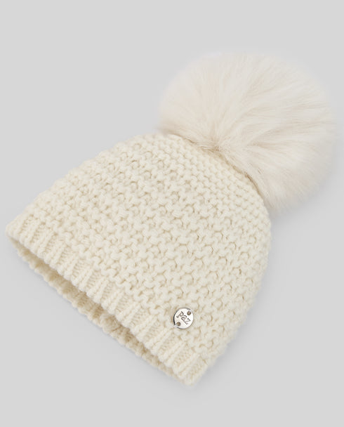 Căciulă tricotata bej din lana fina cu ciucure