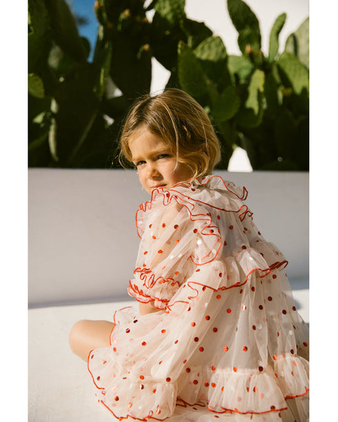 Rochie din tulle cu buline rosii metalice