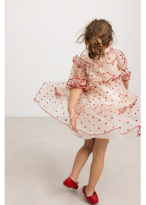 Rochie din tulle cu buline rosii metalice