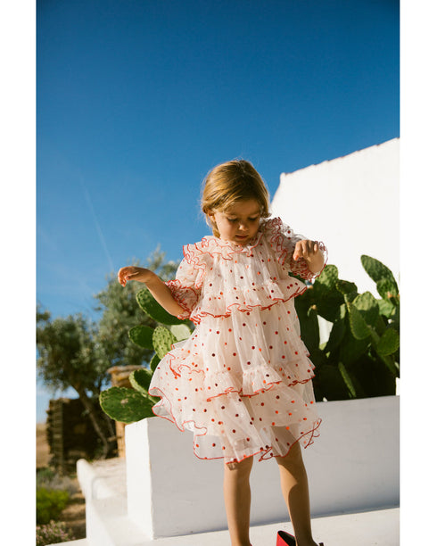 Rochie din tulle cu buline rosii metalice