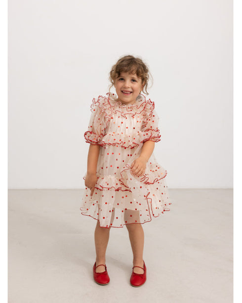 Rochie din tulle cu buline rosii metalice