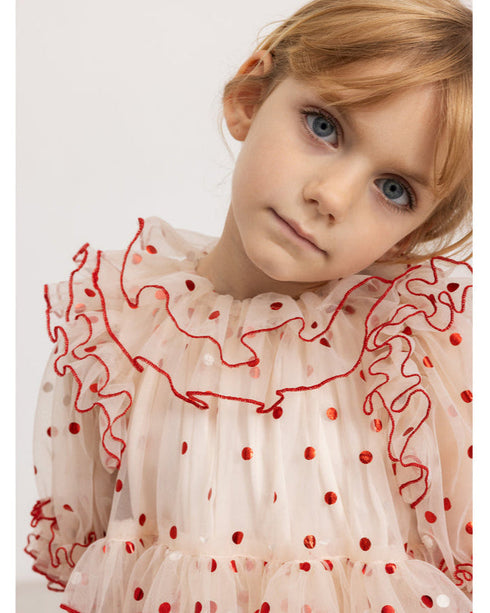 Rochie din tulle cu buline rosii metalice