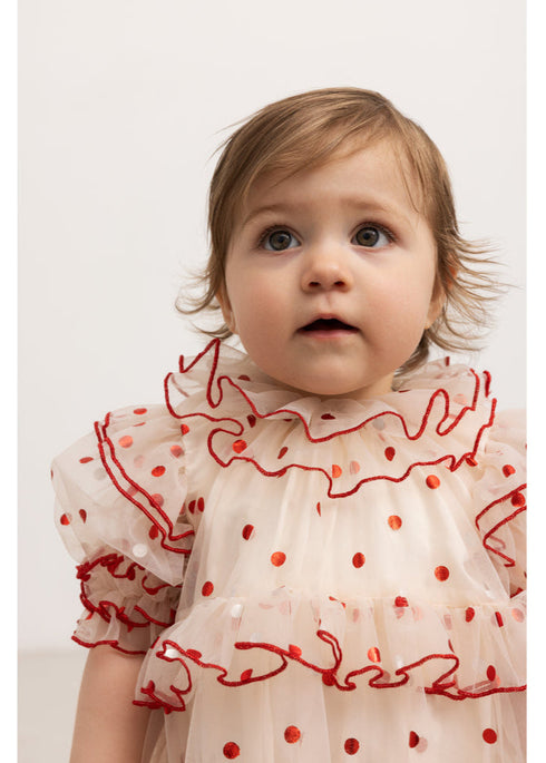 Rochie din tulle cu buline rosii metalice