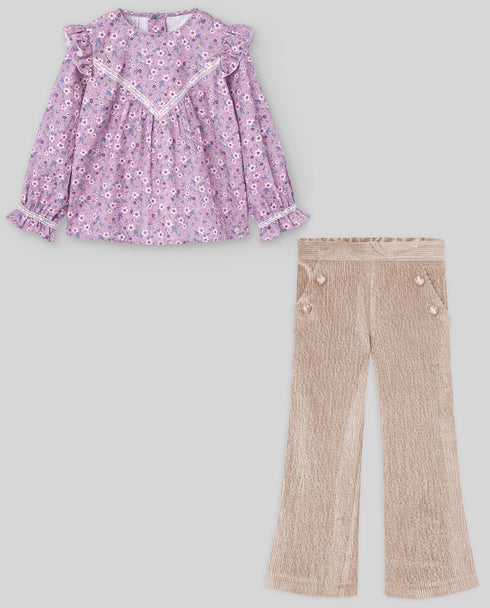 Bluza din bumbac lila floral cu volanase