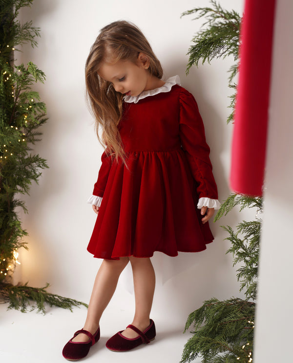 Rochie catifea rosie cu funda alba Carina