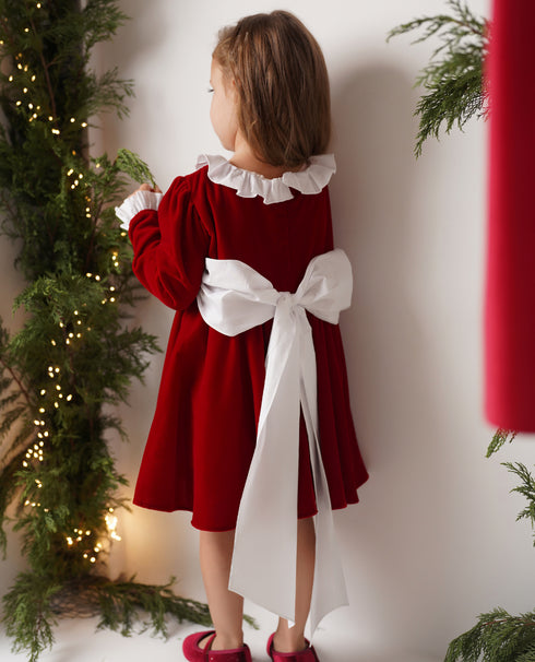 Rochie catifea rosie cu funda alba Carina