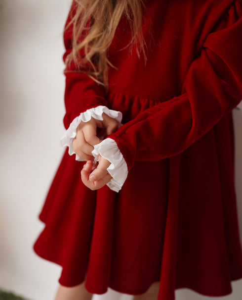 Rochie catifea rosie cu funda alba Carina