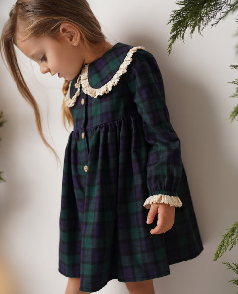 Rochie din tartan verde cu guler brodat Elizabeth