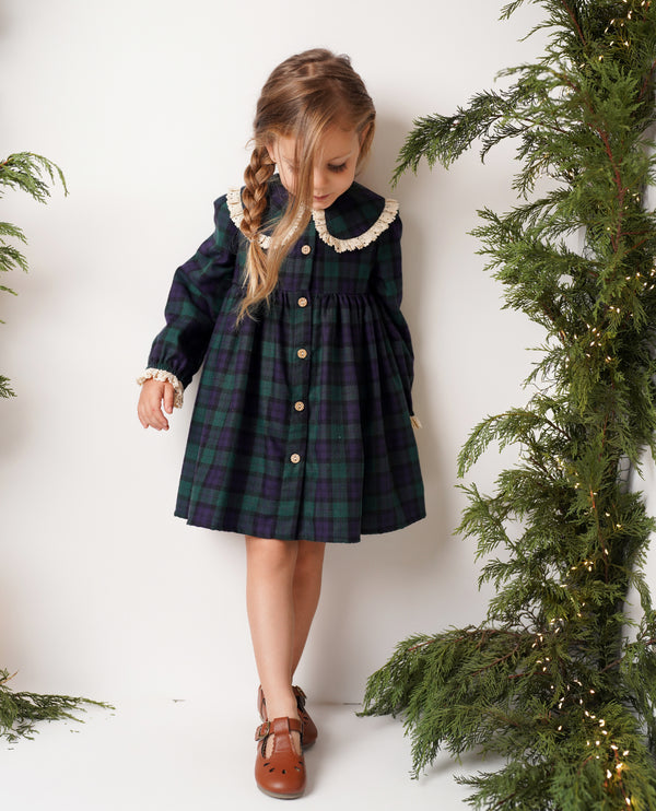 Rochie din tartan verde cu guler brodat Elizabeth