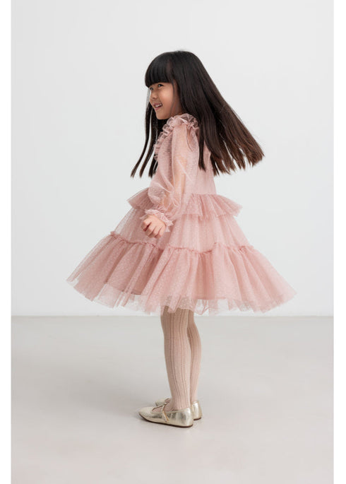 Rochie roz din tulle cu maneci voluminoase