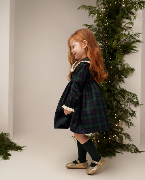 Rochie din tartan verde cu guler brodat Elizabeth