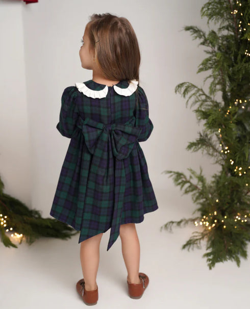 Rochie din tartan verde cu guler brodat si funda la spate Charlotte