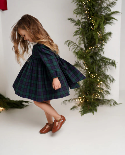 Rochie din tartan verde cu guler brodat si funda la spate Charlotte