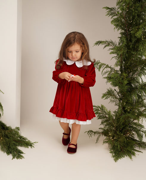 Rochie catifea rosie cu guler floare Astrid