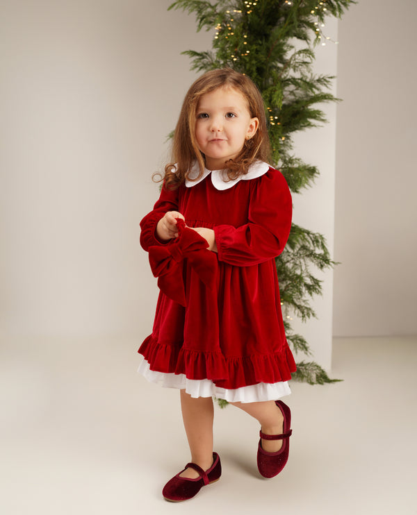 Rochie catifea rosie cu guler floare Astrid