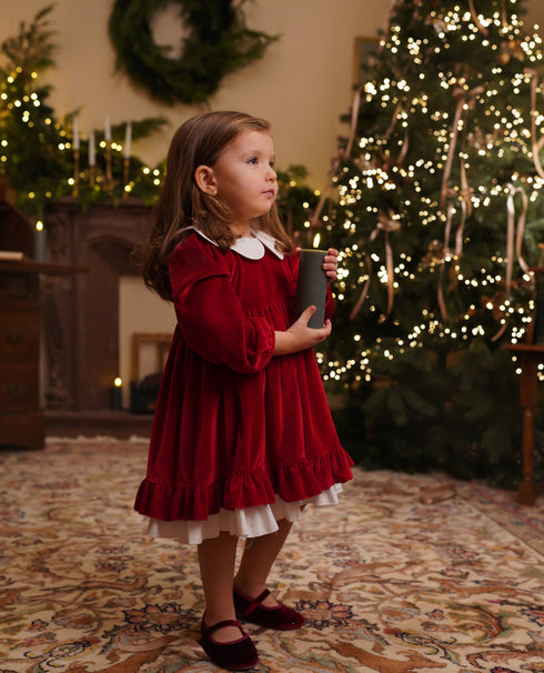 Rochie catifea rosie cu guler floare Astrid