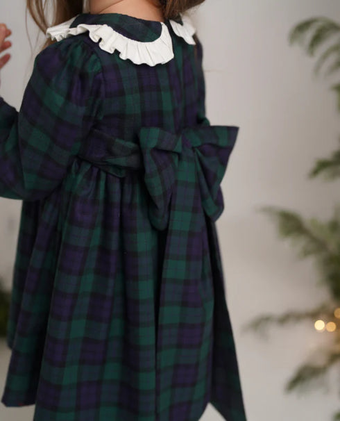 Rochie din tartan verde cu guler brodat si funda la spate Charlotte