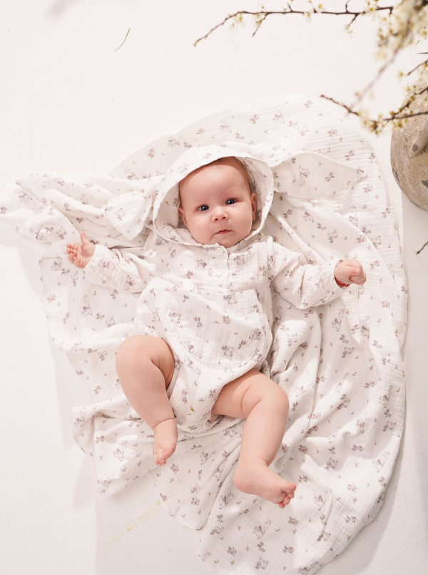 Body din muselina cu urechi de iepuras roz