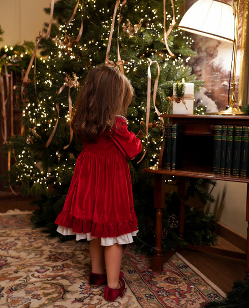 Rochie catifea rosie cu guler floare Astrid