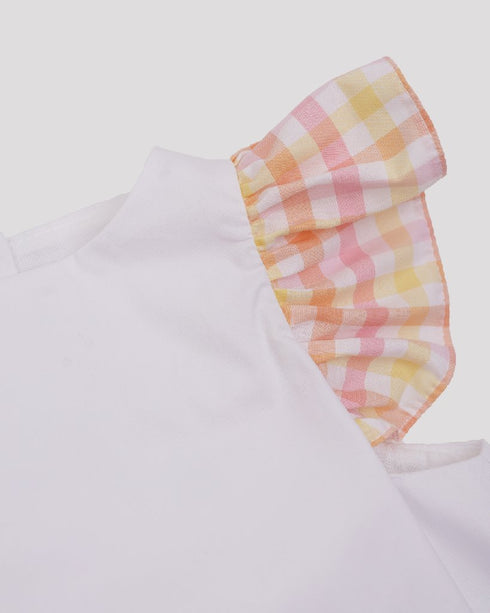 Compleu alb cu volanase in carouri