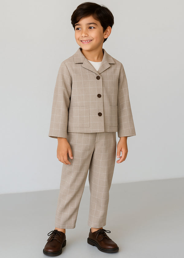 Camasa tip jacheta din stofa bej cu carouri