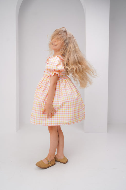 Rochie cu carouri galbene si roz