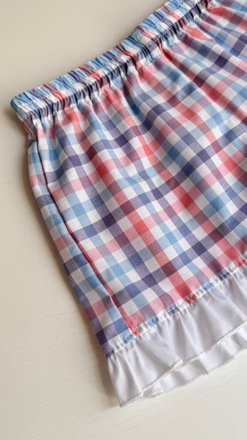 Pantaloni carouri roz si blue cu volane