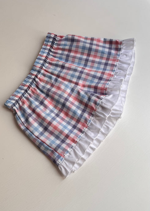 Pantaloni carouri roz si blue cu volane