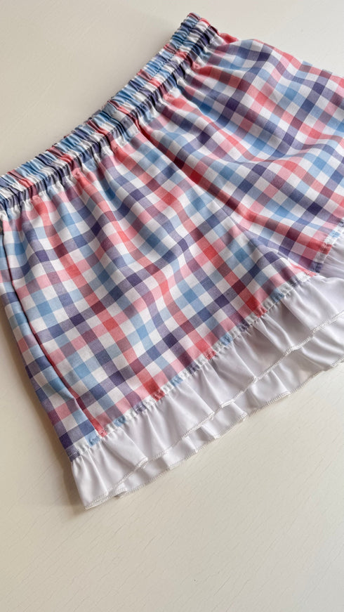 Pantaloni carouri roz si blue cu volane