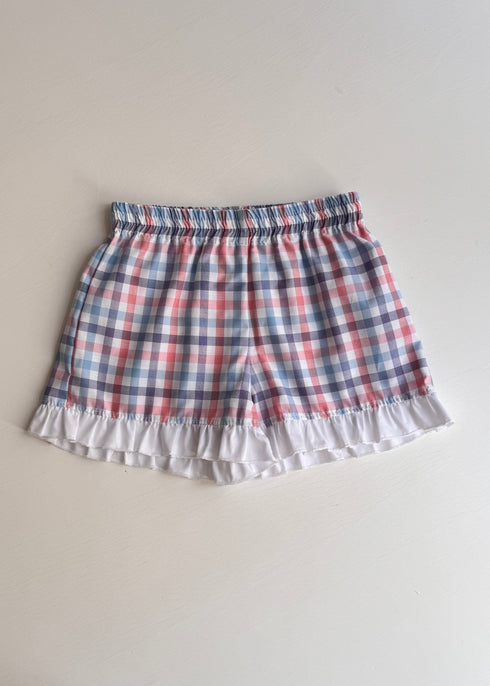 Pantaloni carouri roz si blue cu volane