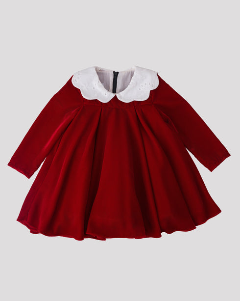 Rochie catifea rosie cu guler brodat Ava