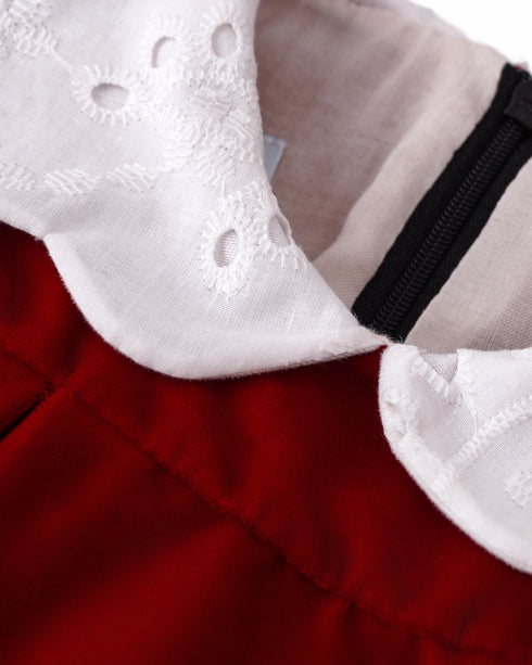 Rochie catifea rosie cu guler brodat Ava