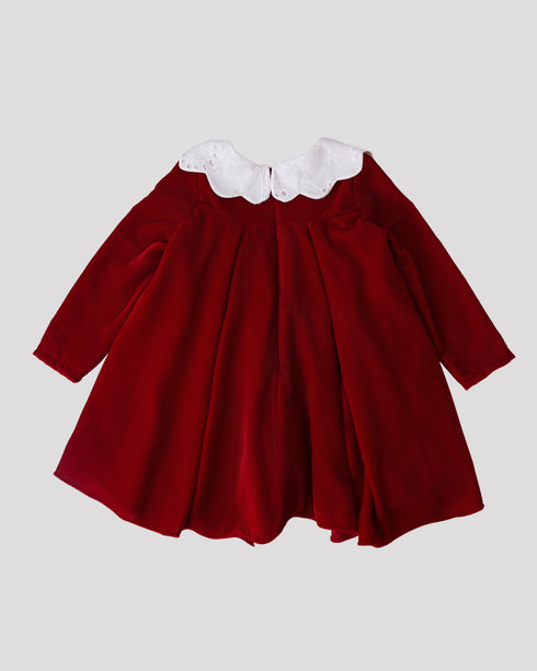 Rochie catifea rosie cu guler brodat Ava