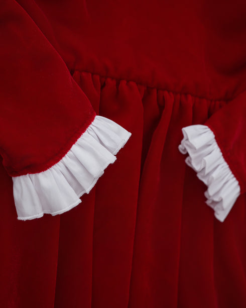 Rochie catifea rosie cu funda alba Carina