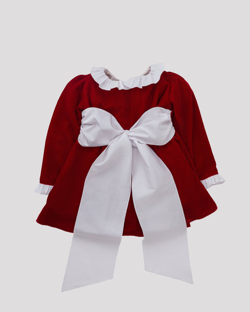 Rochie catifea rosie cu funda alba Carina