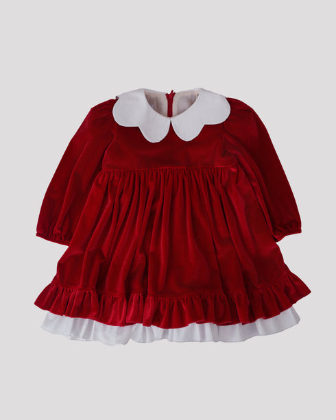 Rochie catifea rosie cu guler floare Astrid