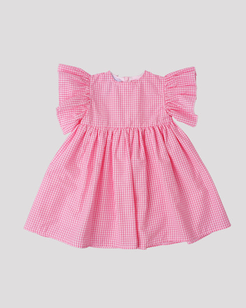 Rochie din bumbac cu maneci crete si carouri roz