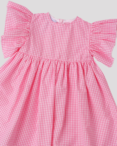 Rochie din bumbac cu maneci crete si carouri roz